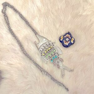 Articulated Fish Necklace, and cloisonné pendant locket.